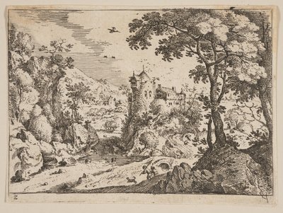 Bach zwischen felsigem Hang und Schloss, aus Landschaften von Jacob Savery I