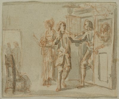 Literarische Illustration: Zwei Männer und eine Frau im Innenraum von Jacob Wilhelm Mechau