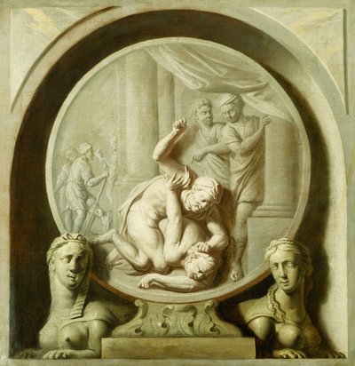 Ein dekoratives Rundbild mit Odysseus, der gegen den Bettler kämpft, und mit Sphinxs von Jacob de Wit