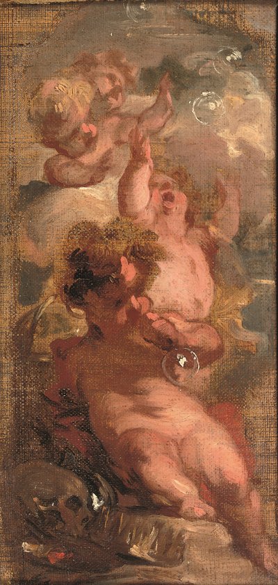 Eine Allegorie der Vergänglichkeit: Vier Putti, die Seifenblasen blasen, ein Schädel, eine Künstlerpalette und eine Krone in der Nähe von Jacob de Wit