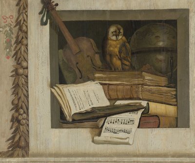 Stillleben mit Büchern, Noten, Geige, Himmelsglobus und einer Eule von Jacob van Campen