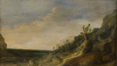 Berglandschaft mit Blick auf einen Fluss und das Meer von Jacob van Geel