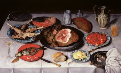 Frühstücksstück mit Fisch, Schinken und Kirschen, 1614 von Jacob van Hulsdonck
