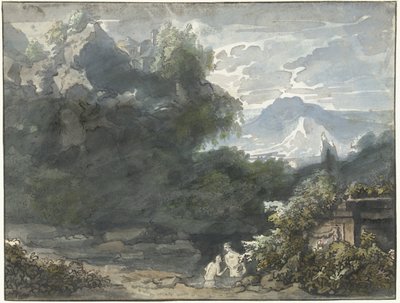 Badende bei antikem Monument in bergiger Landschaft von Jacob van Liender