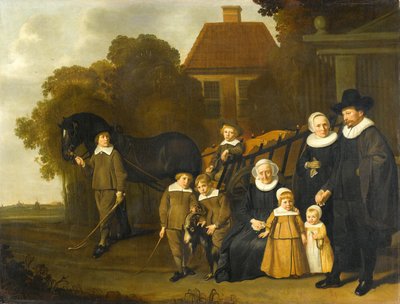 Gruppenporträt der Familie Meebeeck Cruywagen am Tor ihres Landhauses an der Uitweg bei Amsterdam von Jacob van Loo (attributed to)