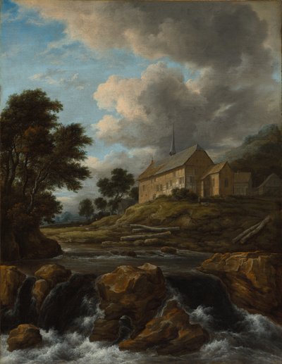 Landschaft mit einer Kirche an einem Wildbach von Jacob van Ruisdael