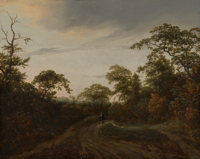 Straße durch eine bewaldete Landschaft in der Dämmerung von Jacob van Ruisdael