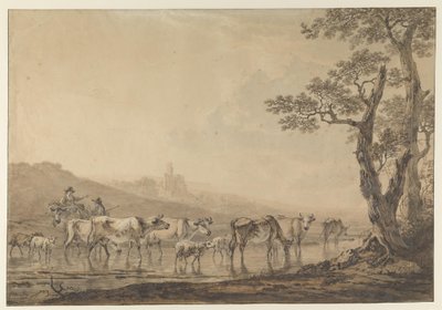 Eine Herde Kühe, die durch Wasser geht von Jacob van Strij