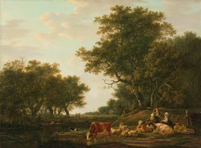 Landschaft mit Bauern, ihrem Vieh und Anglern am Wasser von Jacob van Strij