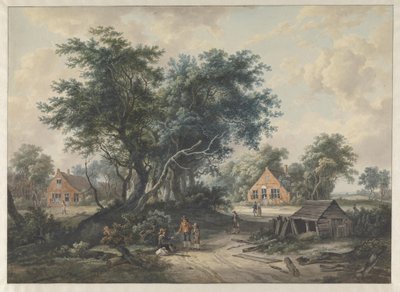 Nach Hobbema. Bauernhäuser bei hohen Bäumen von Jacob van Strij