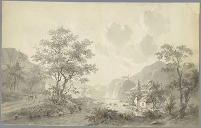 Kleiner Wasserfall bei einem See in einer Berglandschaft von Jacob van Strij