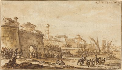 Eine Küstenszene mit einer befestigten Stadt von Jacob van der Ulft