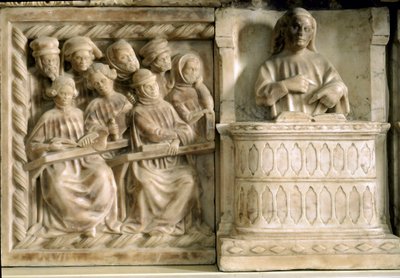 Grabdenkmal von Carlo, Roberto und Riccardo da Saliceto: Studenten, die einem Kurs beiwohnen (Skulptur, ca. 1403) von Jacobello and Pier Paolo dalle Masegne