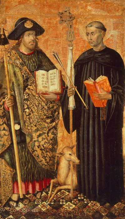 Heiliger Jakobus von Compostela dargestellt als Pilger mit Stab, Hut und Muschel und Heiliger Gilles der Einsiedler (7. Jahrhundert), ca. 1450 von Jacomart (c.1413 61) Baco