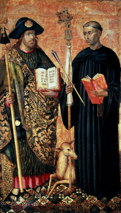 Der heilige Jakobus von Compostela dargestellt als Pilger mit Stab, Hut und Muschel und der heilige Gilles der Einsiedler (7. Jahrhundert), um 1450 (Tempera und Öl auf Holz) von Jacomart (c.1413 61) Baco