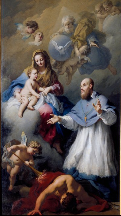 Jungfrau und Kind mit dem heiligen Franz von Sales (1567-1622), Bischof von Genf. Darstellung der Heiligen Dreifaltigkeit mit Jesus Christus, Gott und der Taube des Heiligen Geistes. Gemälde von Jacopo Amigoni (1675-1752), 1743, Venedig, Kirche Santa Maria von Jacopo Amigoni