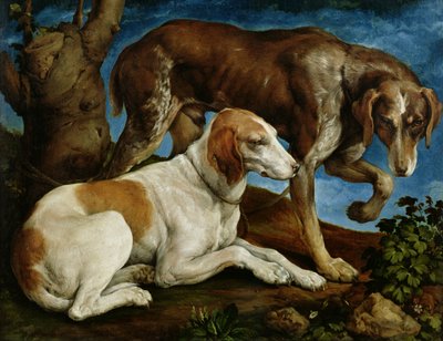 Zwei Jagdhunde an einen Baumstumpf gebunden, ca. 1548-50 von Jacopo Bassano