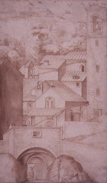 Ansicht des Klosters La Verna, Eingangstor und Glockenturm, ca. 1607-12 von Jacopo Ligozzi