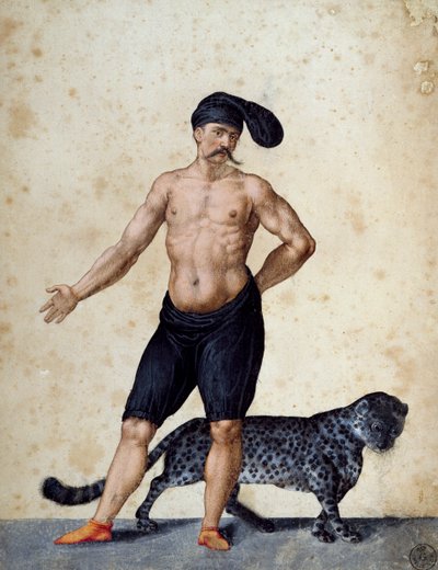 Junger afrikanischer Mann, vorne stehend, halb bekleidet, mit langer Berretta (Mütze) auf dem Kopf, mit Tiger hinter ihm, Zeichnung von Jacopo Ligozzi (1547-1627) von Jacopo Ligozzi