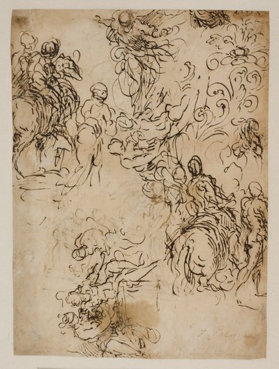 Skizzen für Christus in der Luft schwebend, Reiter, ein sitzendes Paar und ein Blumenornament von Jacopo Palma