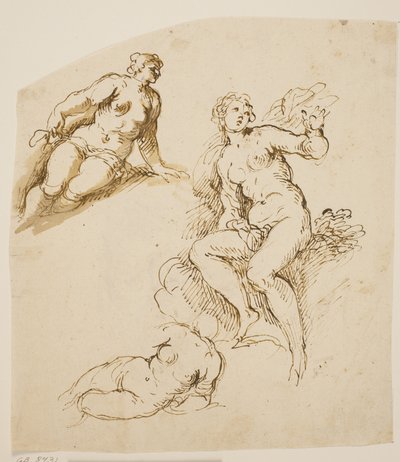 Studien für eine sitzende und zwei kniende Frauen von Jacopo Palma