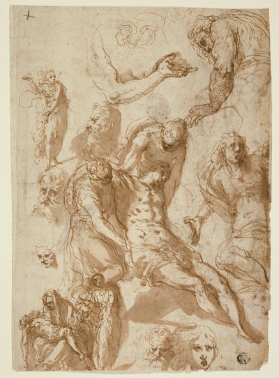 Skizzen für eine Klage und eine Pietà, und von verschiedenen Figuren, Köpfen und einem Arm (recto); Skizzen des toten Christus und von verschiedenen Figuren und Köpfen (verso) von Jacopo Palma il Giovane
