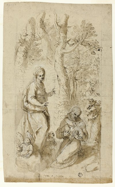 Vision des heiligen Franziskus von Assisi (recto); Heiliger Hieronymus, Vision des heiligen Franziskus und zwei kleine Skizzen von St. Franziskus, der das Christuskind hält (verso) von Jacopo Palma il Giovane