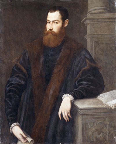 Porträt eines Gentlemans, dreiviertel Länge, in einem pelzbesetzten Mantel, der ein Dokument hält und sich an ein Podest lehnt von Jacopo Robusti Tintoretto