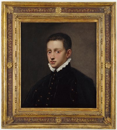 Porträt eines Jungen, Brustbild, in einem schwarzen Wams mit weißem Kragen von Jacopo Robusti Tintoretto