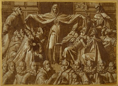 Die Madonna della Misericordia mit den Heiligen Franziskus und Dominikus, mit anderen Heiligen und Herrschern und einer Familie von Stiftern von Jacopo Zucchi