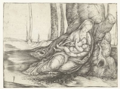 Maria mit Kind an der Brust sitzt am Fuß eines Baumes von Jacopo de