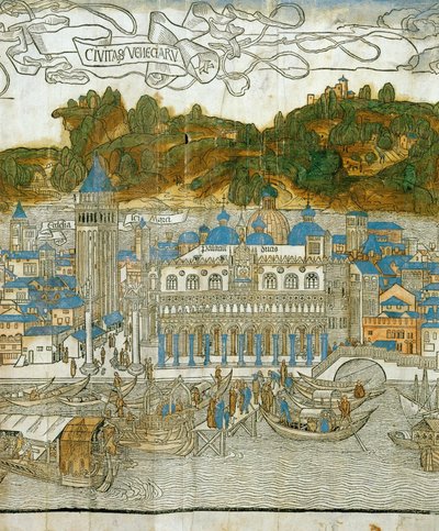 Venedig und der alte Campanile vor seiner Zerstörung durch ein Erdbeben, aus Pregrinatio in Terram Sanctam, erstmals gedruckt 1486 von Jacopo de