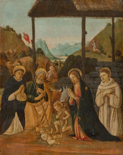 Anbetung des Kindes in Anwesenheit des Johannesknaben und der Heiligen Dominikus und Bernhard von Clairvaux von Jacopo del Sellaio