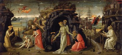 Landschaft mit biblischen Szenen und Szenen aus Heiligenlegenden von Jacopo del Sellaio
