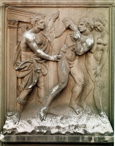 Adam und Eva Vertreibung aus dem Paradies. Flachrelief aus Marmor von Jacopo Della Quercia (1374/8-1438) 1430-1435 von Jacopo della Quercia