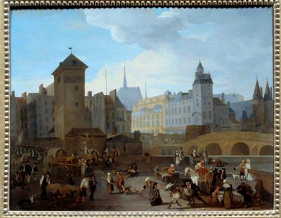 Französische Revolution: Blick auf die Brücke und die Pumpe Notre-Dame in Paris von Jacques Albert Senave