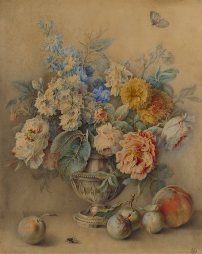 Blumen in einem silbernen Streuer, Obst im Vordergrund, 18. Jahrhundert von Jacques André Portail