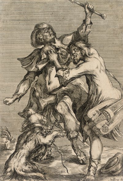 Drehleierspieler greift einen Pilger an von Jacques Bellange