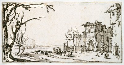 Ein Heuwagen wird zum mittelalterlichen Tor eines Dorfes gebracht, ein Mann schneidet einen Ast ab, aus einem Album von Israel Silvestre, ca. 1630 von Jacques Callot