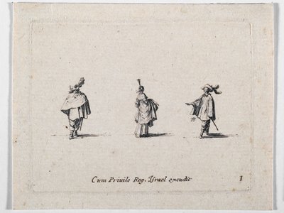 Eine Dame mit hochgezogenem Rock und zwei Kavaliere, aus Les Fantaisies de Noble J. Callot von Jacques Callot