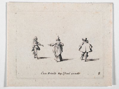 Eine Dame mit ausgestreckter Hand, von hinten gesehen, und zwei Kavaliere, aus Les Fantaisies de Noble J. Callot von Jacques Callot
