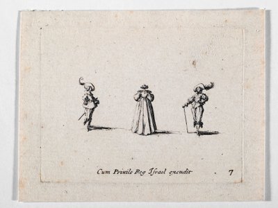 Eine Dame mit reich gefaltetem Kleid, von hinten gesehen, und zwei Kavaliere, aus Les Fantaisies de Noble J. Callot (Gravur) von Jacques Callot