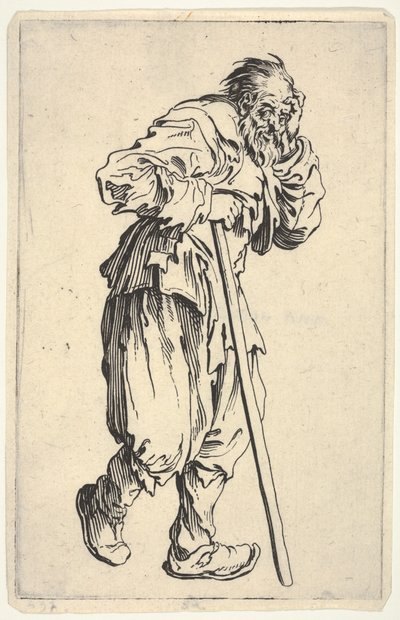 Bärtiger Mann, in Lumpen gekleidet, hält seinen Kopf mit einer Hand und einen Gehstock mit der anderen, aus "Die Bettler" von Jacques Callot