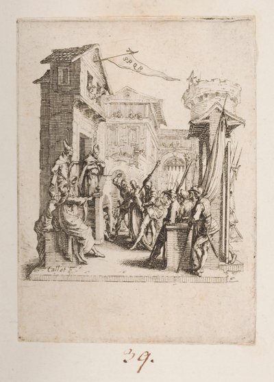 Christus vor Kaiphas gebracht, Nr. 7 von 11 aus Die kleine Passion von Jacques Callot