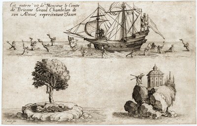 Kampf an der Barriere: der Einzug von Monsieur le Comte de Brionne, Großkämmerer von Seiner Hoheit Karl IV. von Lothringen (Gravur) von Jacques Callot