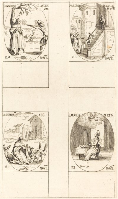 Edmund, König von England, Märtyrer; Darstellung der Jungfrau; St. Columban; St. Cäcilia von Jacques Callot