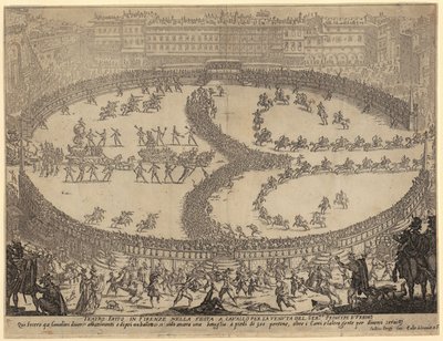 Einzug der Wagen und Parade der Infanterie und Kavallerie auf der Piazza Santa Croce in Florenz zu Ehren des Prinzen von Urbino, Blatt 6 der Folge "Krieg der Schönheit" von Jacques Callot