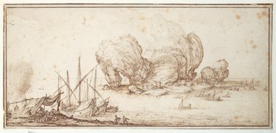 Fantastische Felsen, befestigt. Schifffahrt. Seemännerlager in Sichtweite ihres Schiffes (Le Grand Rocher) von Jacques Callot