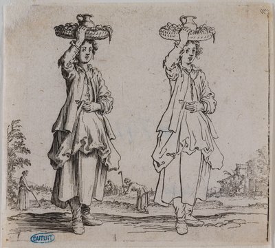 Verschiedene Figuren, Die Bäuerin von vorne mit einem Korb auf dem Kopf. Sechste Nummer einer Serie von 16 Stücken von Jacques Callot