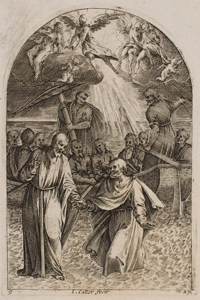 Jesus und der heilige Petrus gehen auf dem Wasser, aus der Serie „Bilder aus Rom“ von Jacques Callot